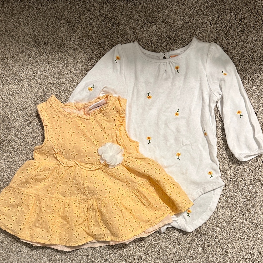 Little Lass Yellow Eyelet Dress with White Floral Bodysuit